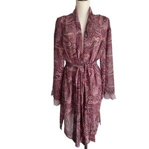 Valerie Steven Paisley Robe with Attached Belt Lace Trim Size Large